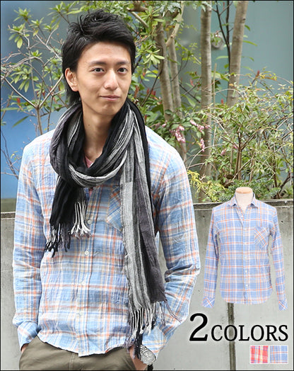 タータンチェックシワ加工麻混シャツ　日本製