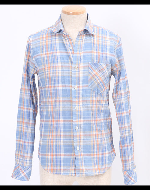 タータンチェックシワ加工麻混シャツ　日本製