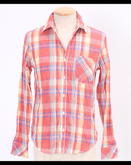 タータンチェックシワ加工麻混シャツ　日本製