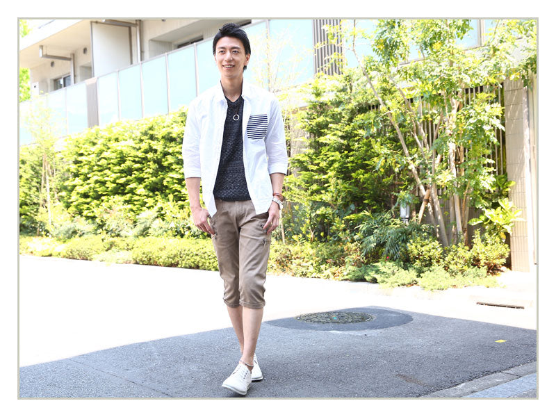 ボーダー切り替え7分袖シャツ