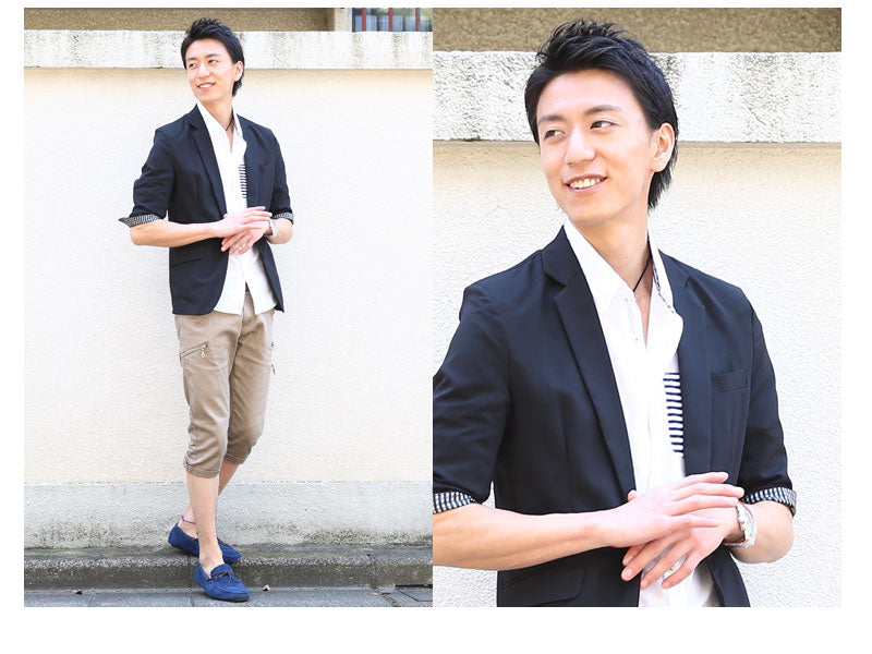 ボーダー切り替え7分袖シャツ