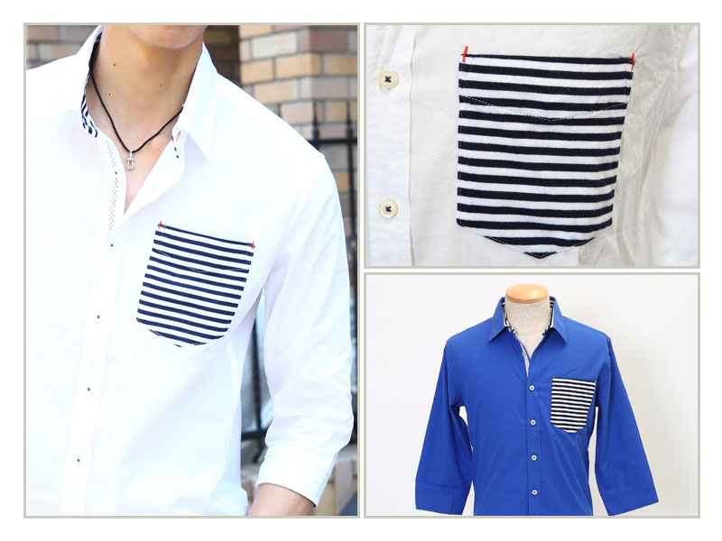 ボーダー切り替え7分袖シャツ