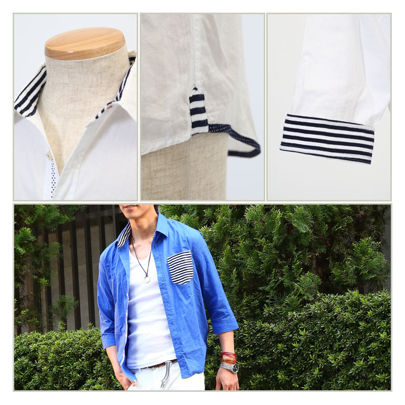 ボーダー切り替え7分袖シャツ