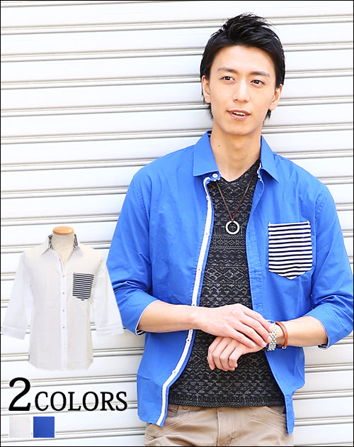 ボーダー切り替え7分袖シャツ