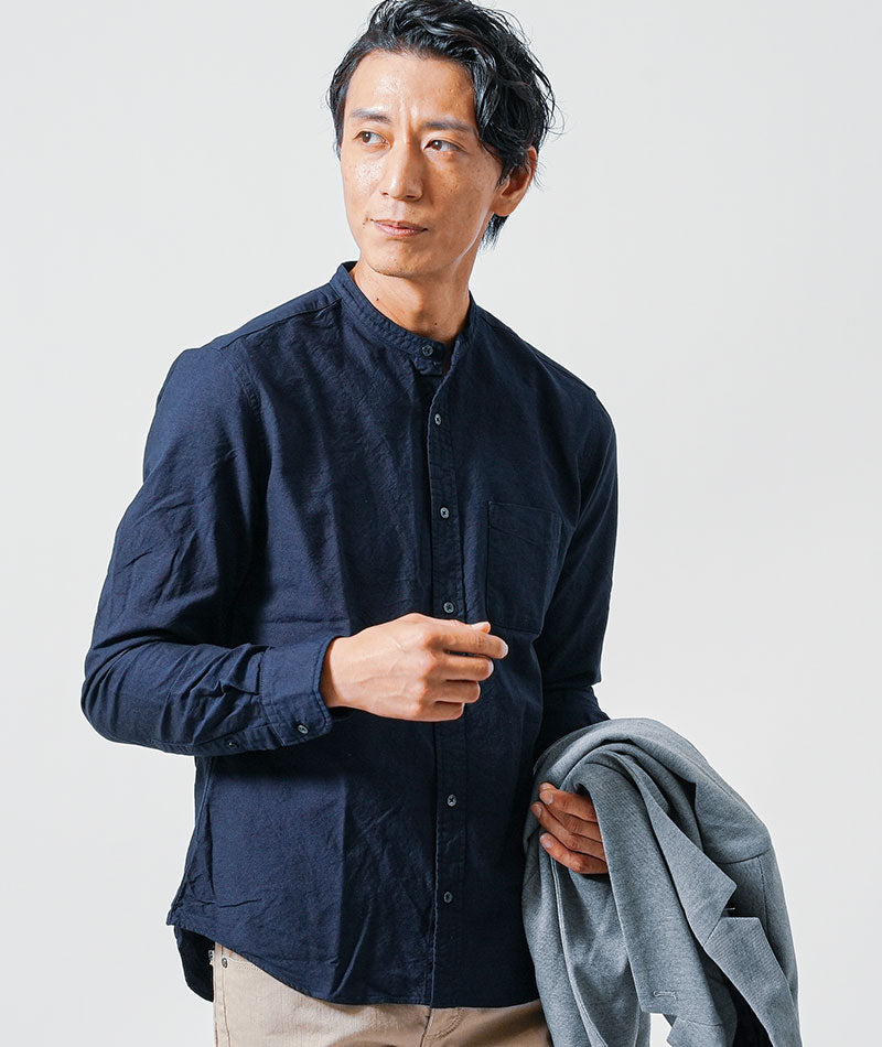 日本製オックスフォード長袖バンドカラーシャツ
