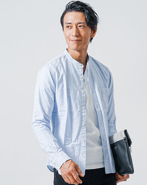 日本製オックスフォード長袖バンドカラーシャツ