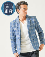 チェックデザイン長袖デニムテーラードジャケット