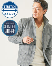 襟ワイヤー入りイタリアンスタンドカラー長袖スラブデニムジャケット