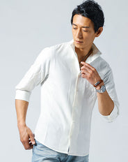 ヘリンボーン柄ワイヤー入りスタンドカラー7分袖ストレッチシャツ