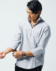 ヘアラインストライプワイヤー入りスタンドカラーカプリシャツ