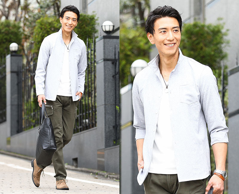 シャンブレー素材ワイヤー入りスタンドカラーシャツ