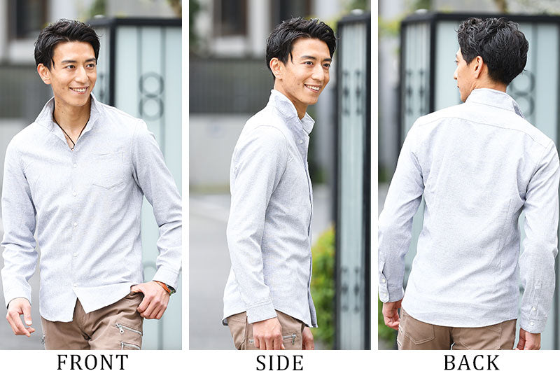 シャンブレー素材ワイヤー入りスタンドカラーシャツ