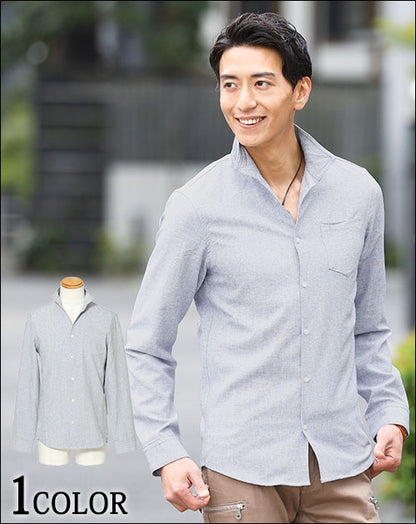 シャンブレー素材ワイヤー入りスタンドカラーシャツ