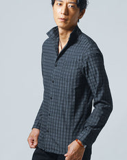 チェックデザインワイヤー入りスタンドカラー長袖シャツ
