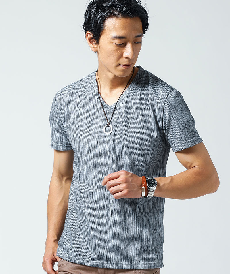 膨れ杢スラブ素材半袖VネックTシャツ