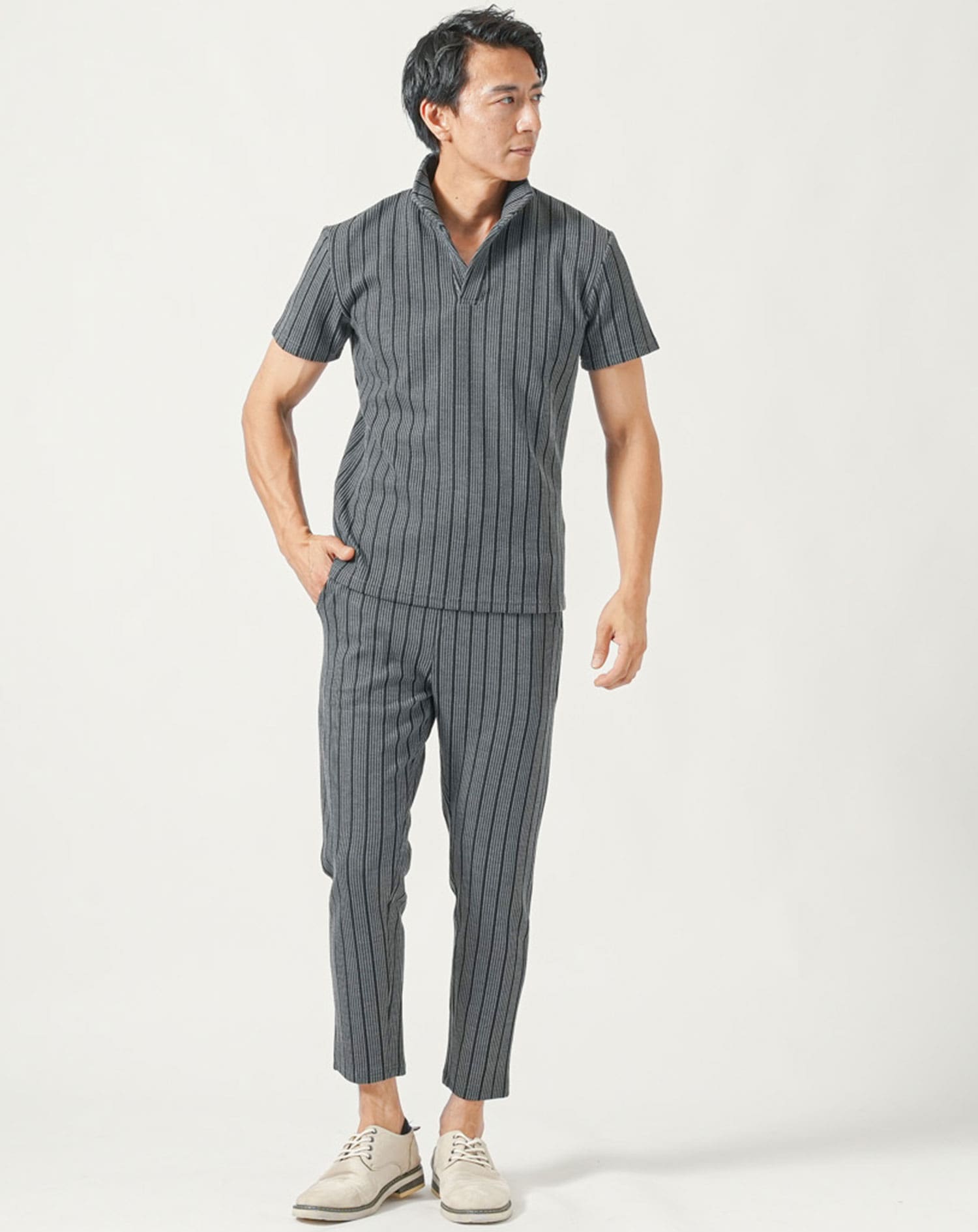 セットアップ イタリアンスタンドカラー半袖ポロシャツ×イージー