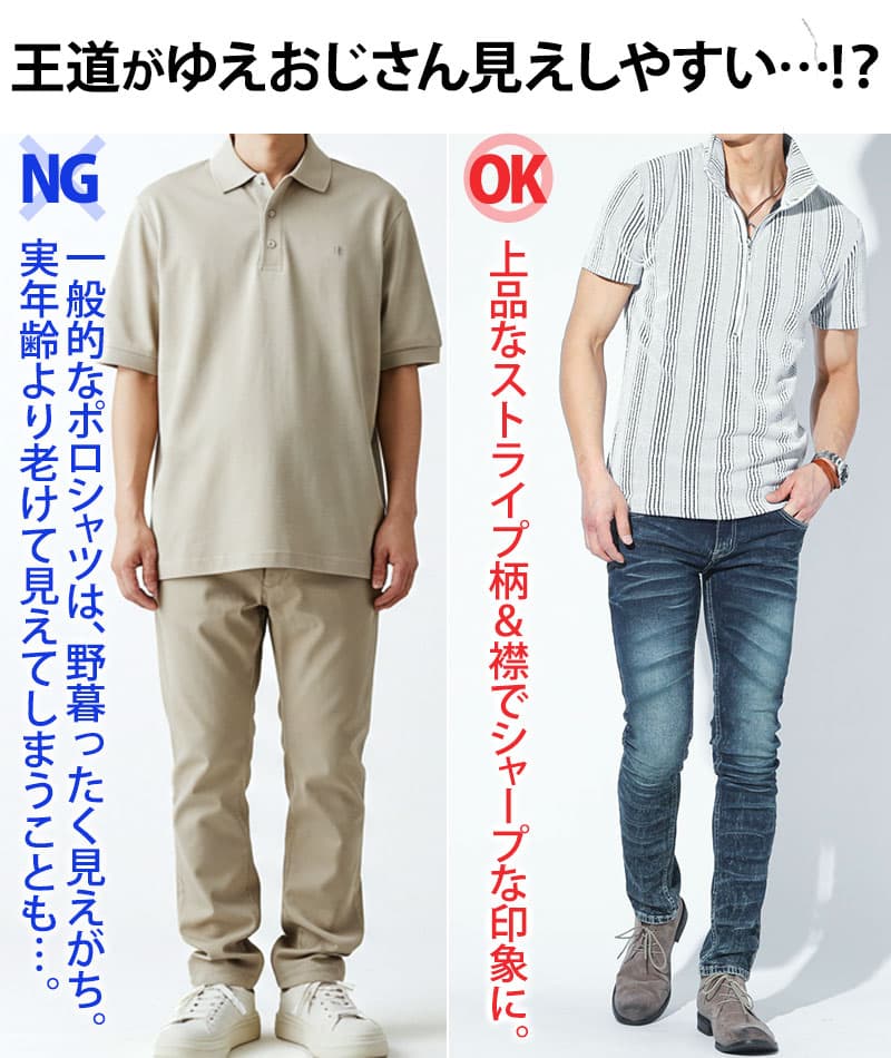 ストライプジャガードハーフジップ半袖スタンドカラーポロシャツ