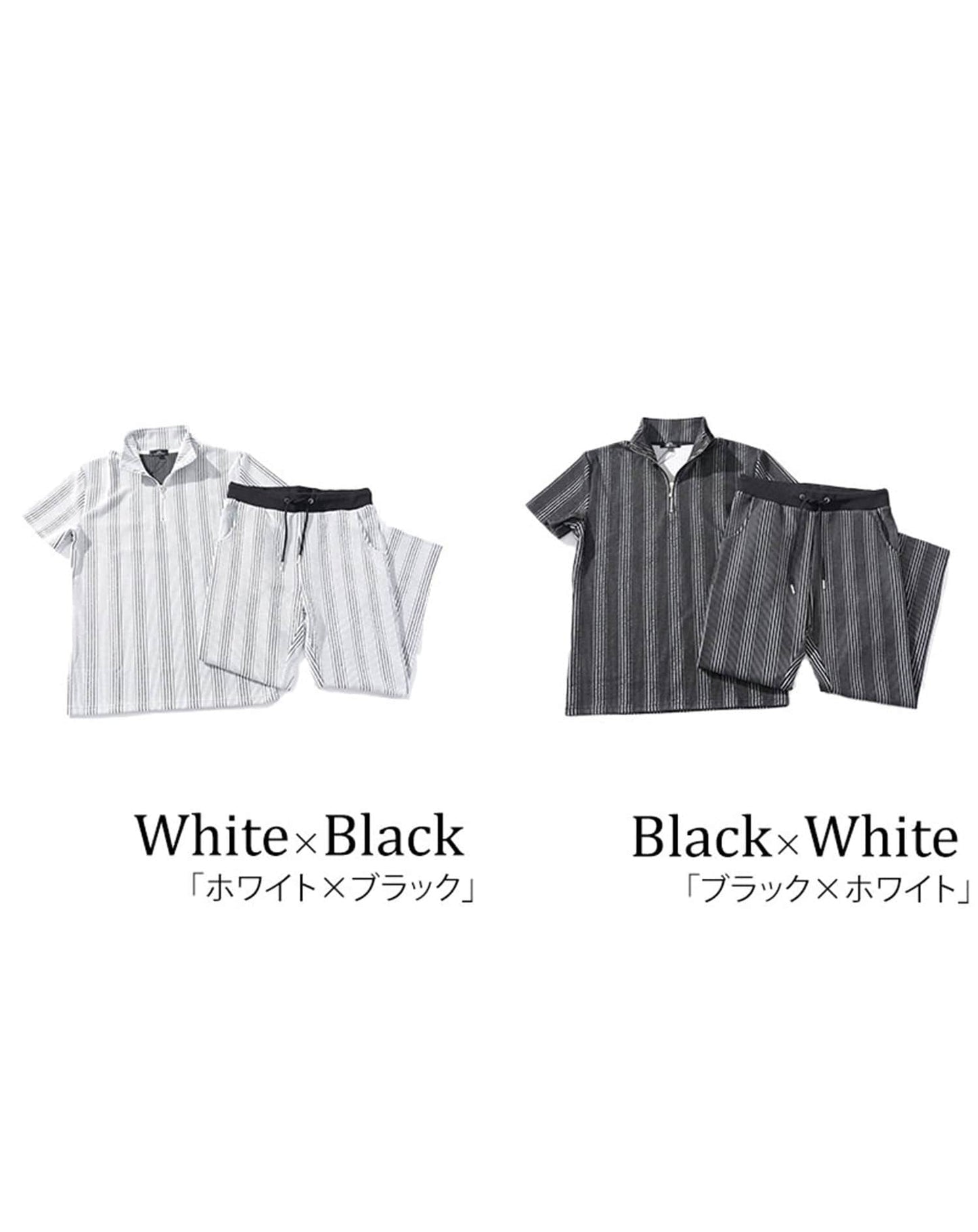 総柄セットアップ　ハーフジップ半袖ポロシャツ×イージーアンクルパンツ