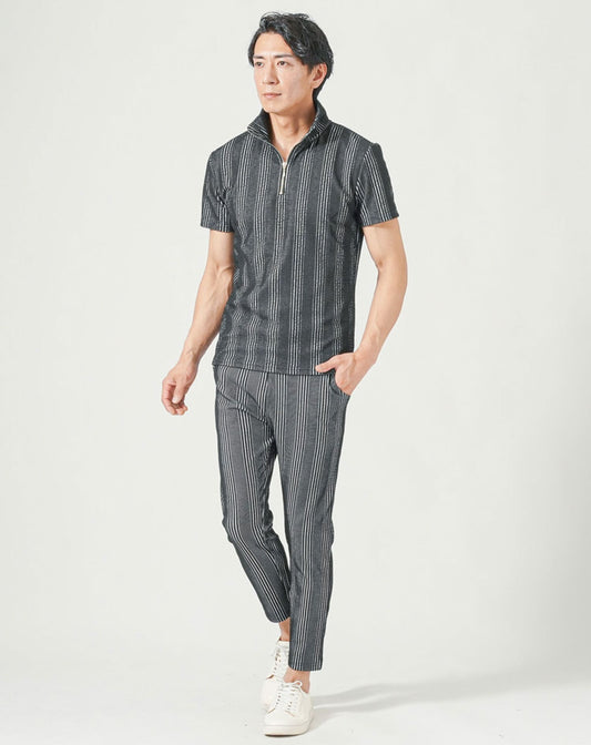 総柄セットアップ　ハーフジップ半袖ポロシャツ×イージーアンクルパンツ