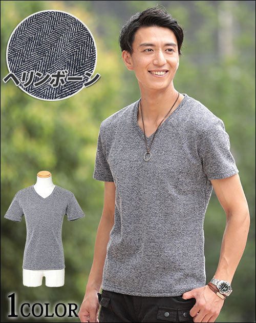 ヘリンボーンデザインVネック半袖Tシャツ