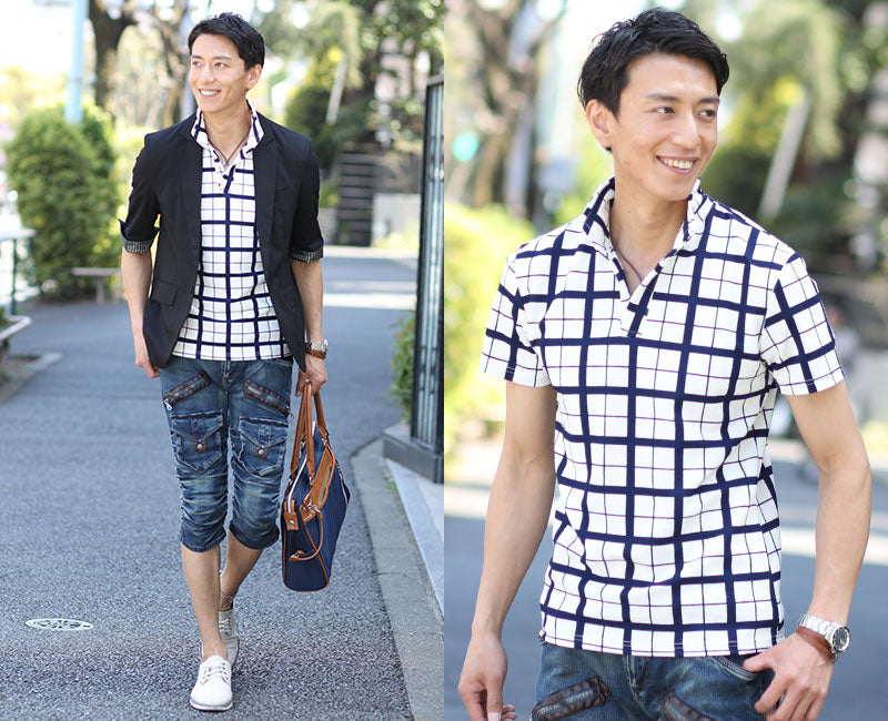 ウィンドウペンチェックイタリアンカラー半袖ポロシャツ