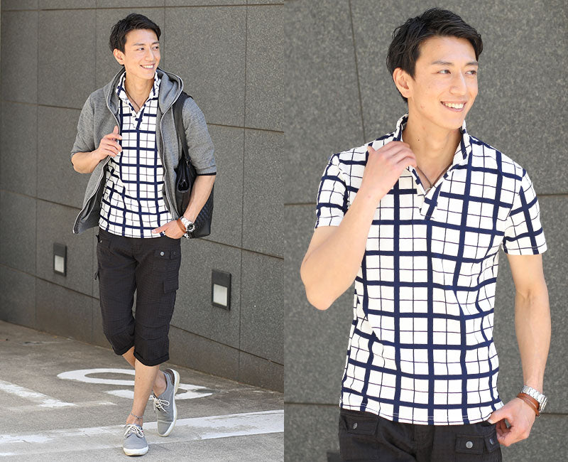 ウィンドウペンチェックイタリアンカラー半袖ポロシャツ