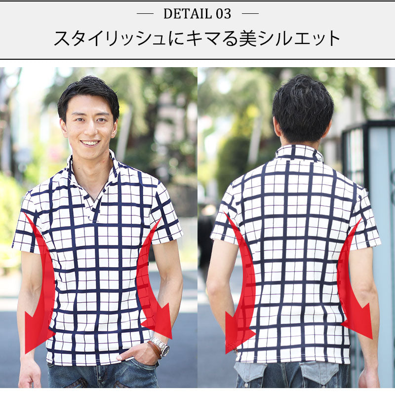 ウィンドウペンチェックイタリアンカラー半袖ポロシャツ