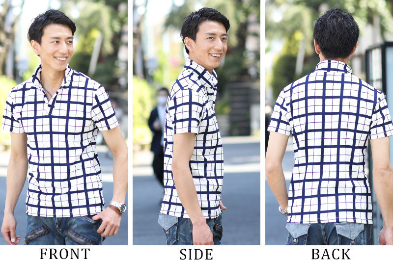 ウィンドウペンチェックイタリアンカラー半袖ポロシャツ