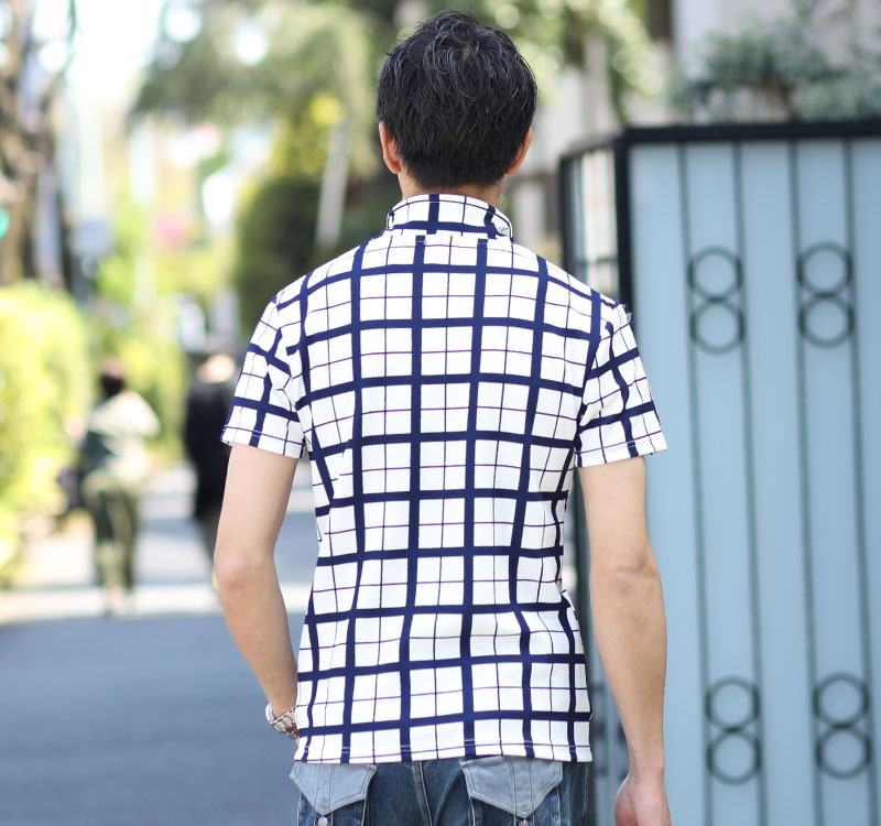 ウィンドウペンチェックイタリアンカラー半袖ポロシャツ