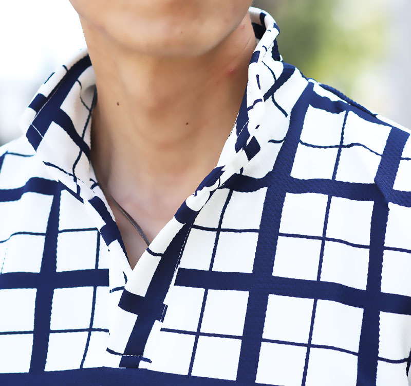 ウィンドウペンチェックイタリアンカラー半袖ポロシャツ