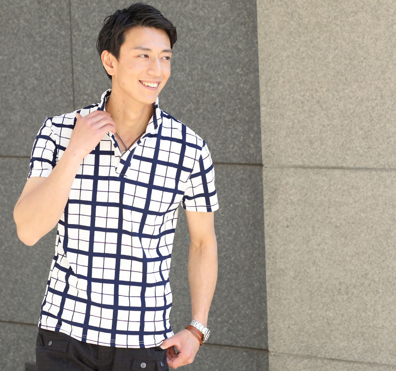 ウィンドウペンチェックイタリアンカラー半袖ポロシャツ