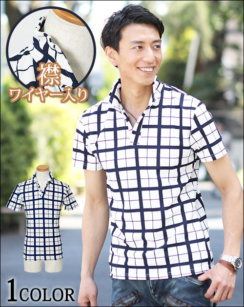 ウィンドウペンチェックイタリアンカラー半袖ポロシャツ