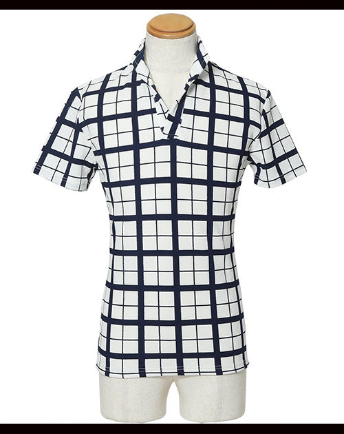 ウィンドウペンチェックイタリアンカラー半袖ポロシャツ