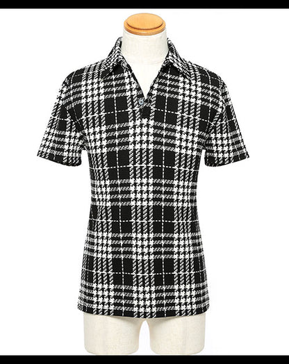 シェパードチェックデザインストレッチ半袖ポロシャツ