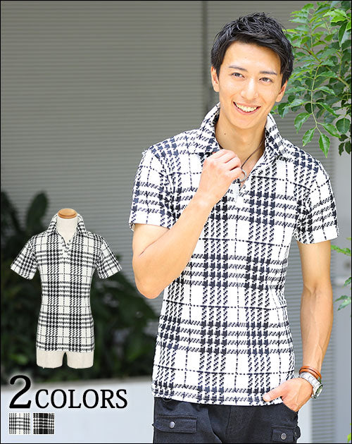 シェパードチェックデザインストレッチ半袖ポロシャツ