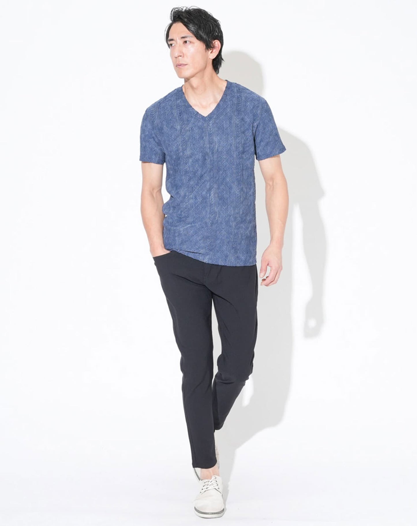 ケーブルVネック半袖Tシャツ