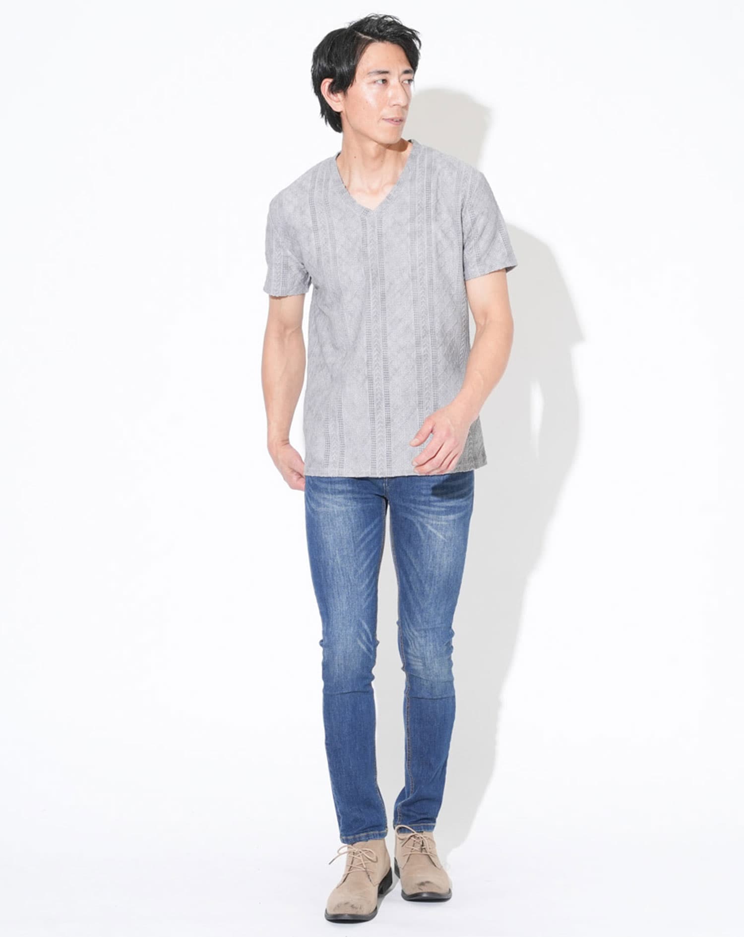 ケーブルVネック半袖Tシャツ