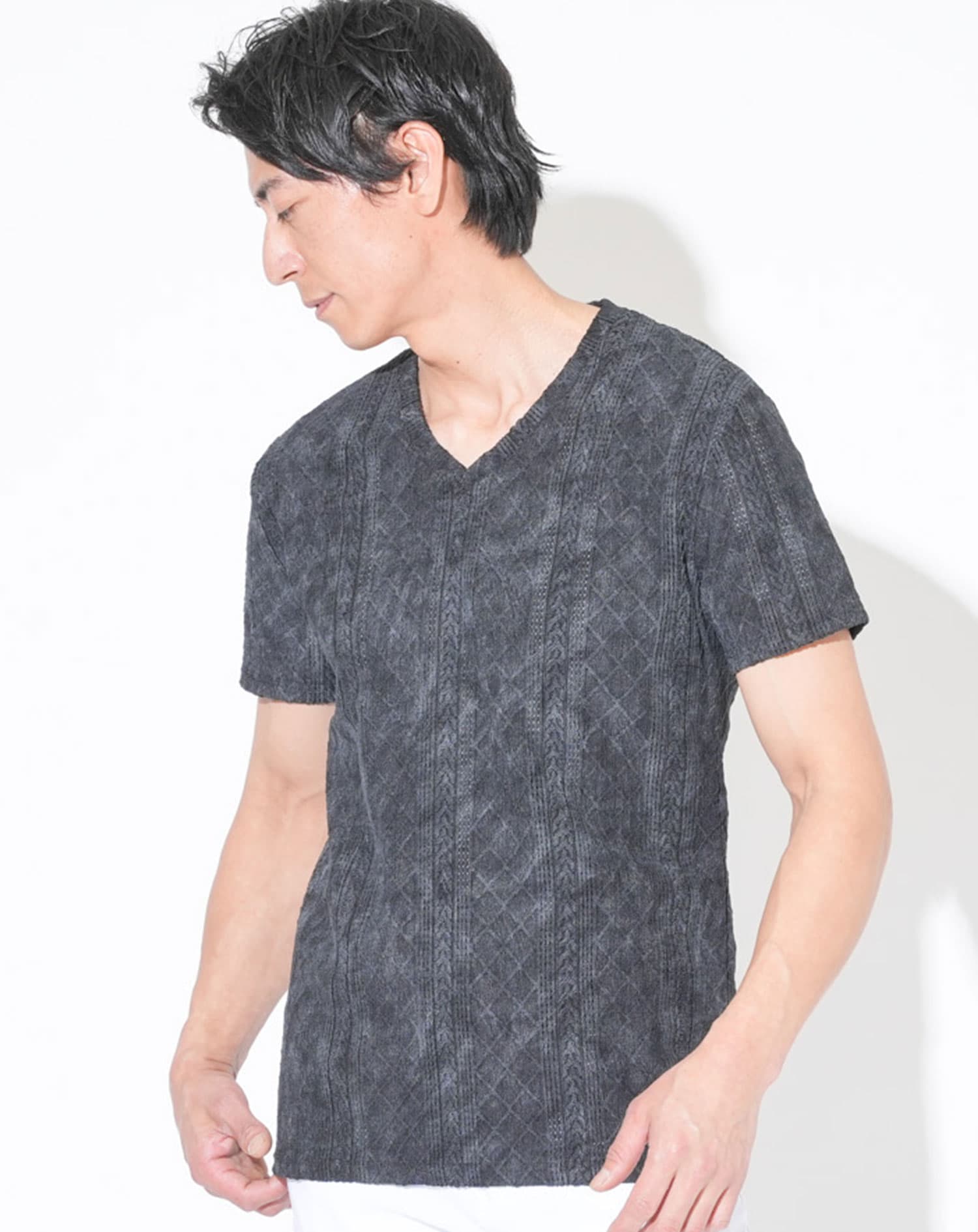 ケーブルVネック半袖Tシャツ