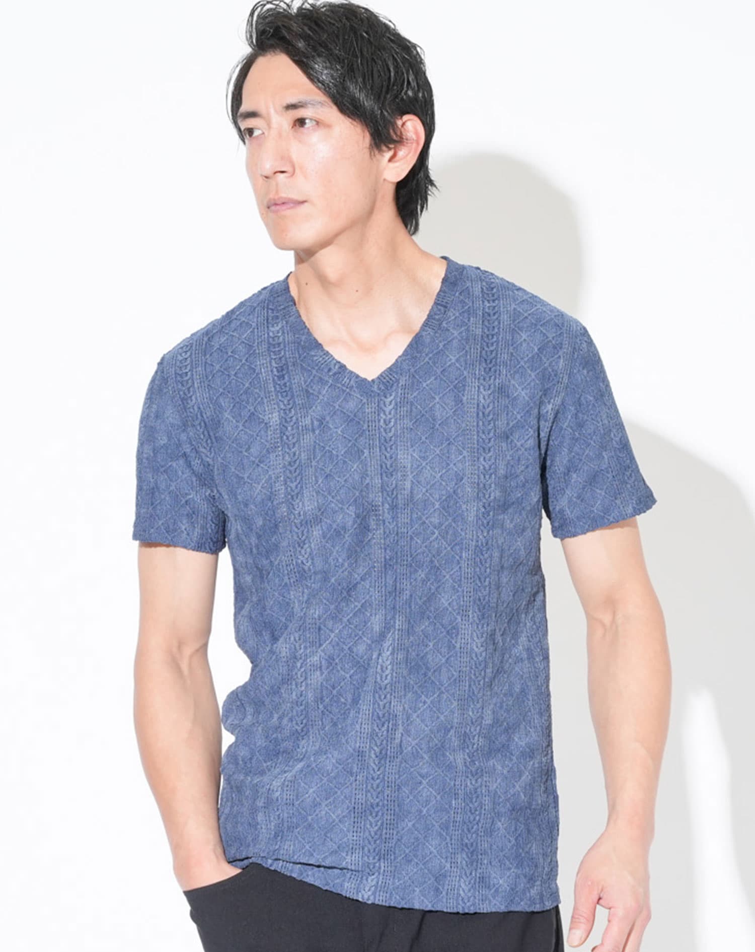 ケーブルVネック半袖Tシャツ
