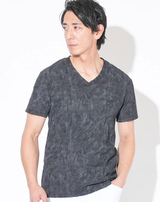 ランダムメッシュケーブルVネック半袖Tシャツ