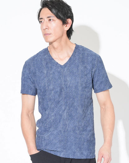 ケーブルVネック半袖Tシャツ