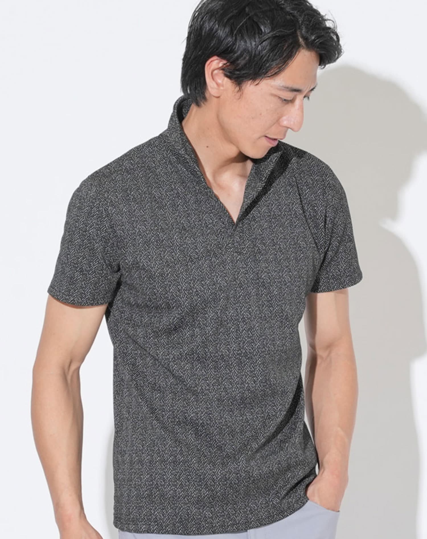 ラフヘリンボーン柄イタリアンカラー半袖ポロシャツ