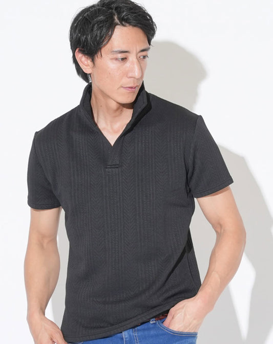 立体ストライプ襟ワイヤー入り半袖立ち襟スタンドカラースキッパーポロシャツ