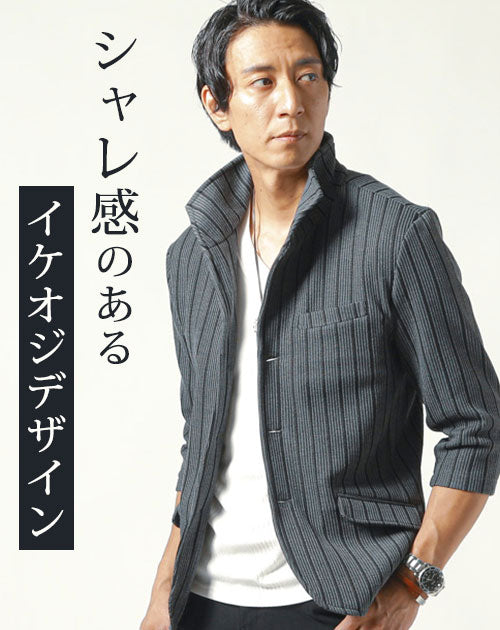 膨れストライプワイヤー入りイタリアンスタンドカラー7分袖ジャケット