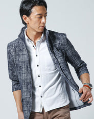 かすれジャガードワイヤー入りイタリアンスタンドカラー7分袖ジャケット