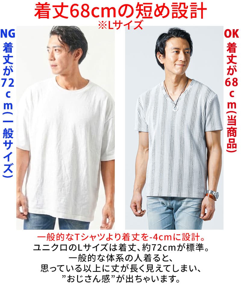 膨れストライプストレッチ半袖VネックTシャツ
