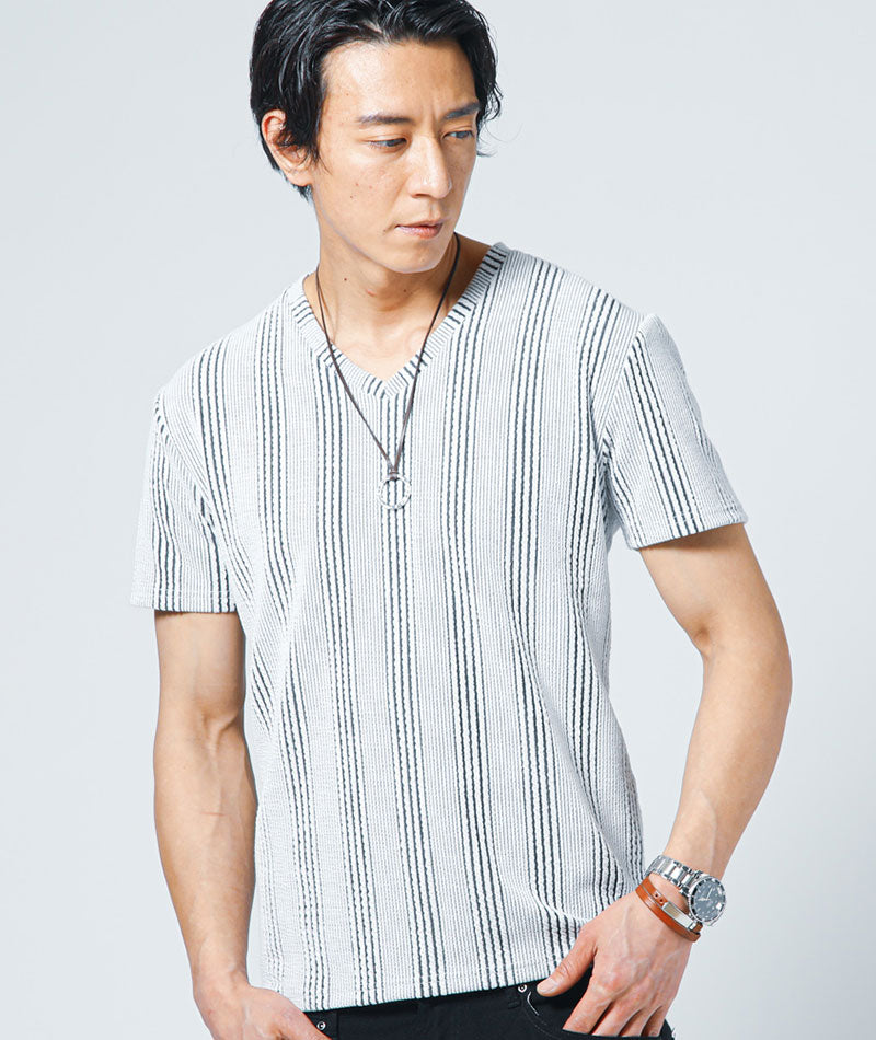 ストレッチ膨れストライプ半袖VネックTシャツ メンズ ｜ メンズ