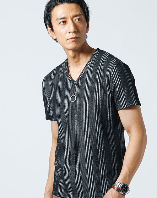 膨れストライプストレッチ半袖VネックTシャツ