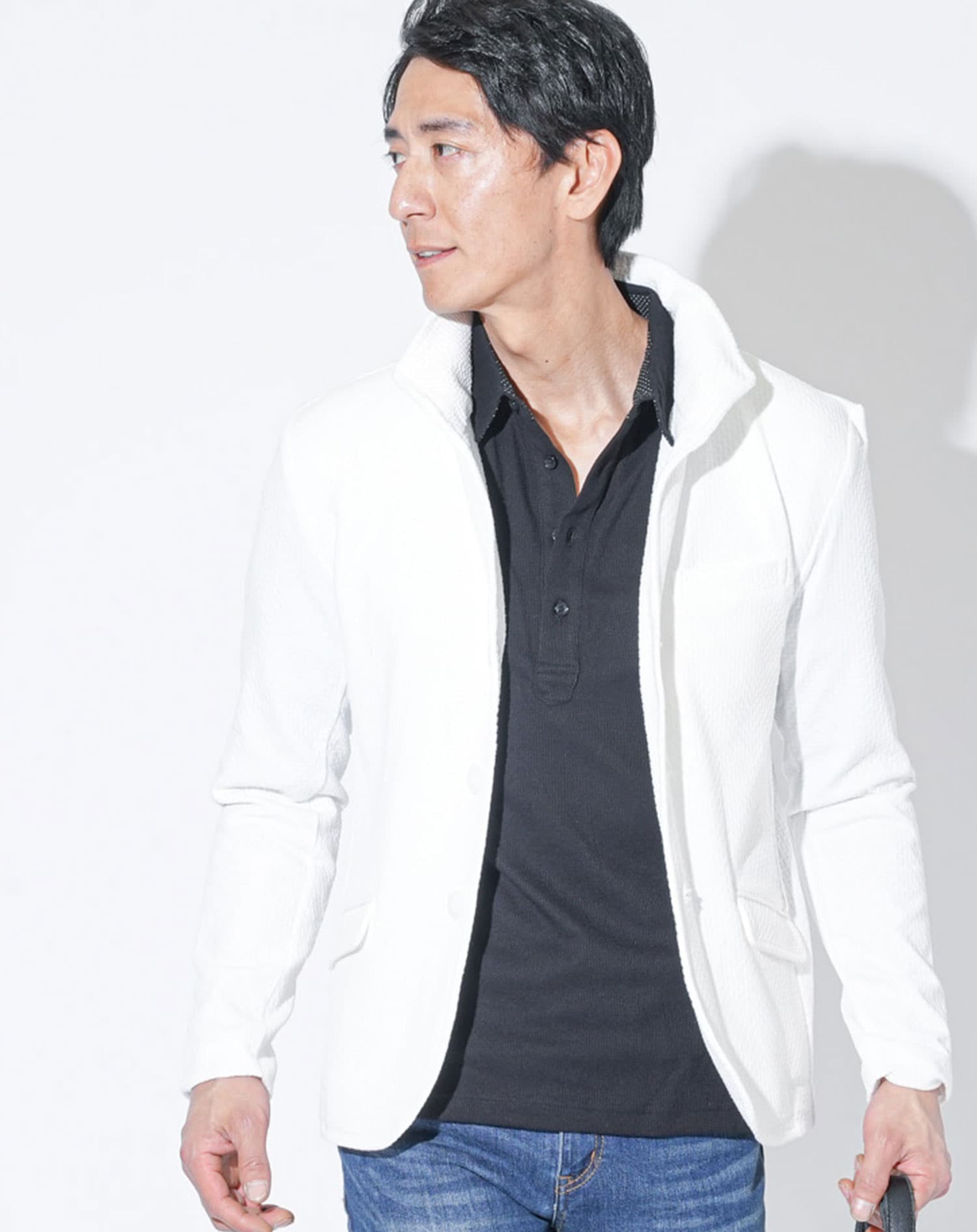 膨れジャガードワイヤー入りイタリアンスタンドカラー長袖ジャケット