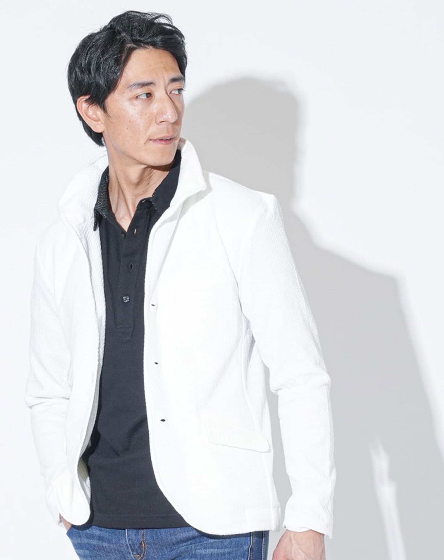 膨れジャガードワイヤー入りイタリアンスタンドカラー長袖ジャケット